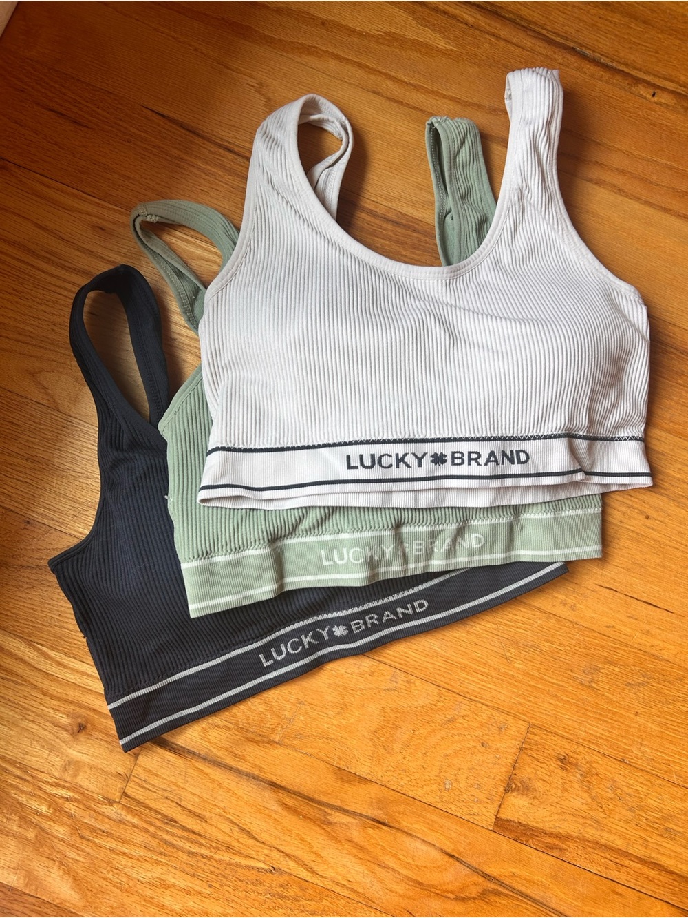 Lucky Brand Ribbed Bralette Trio - White, Sage, Navy